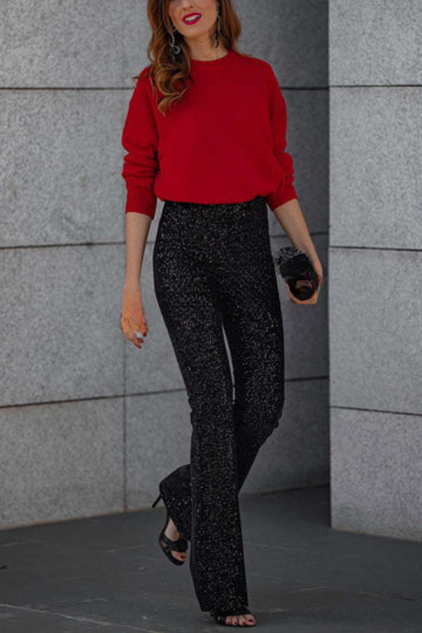 Lilia Pants | High-Rise Elastic Waist Sparkling Flare Pants