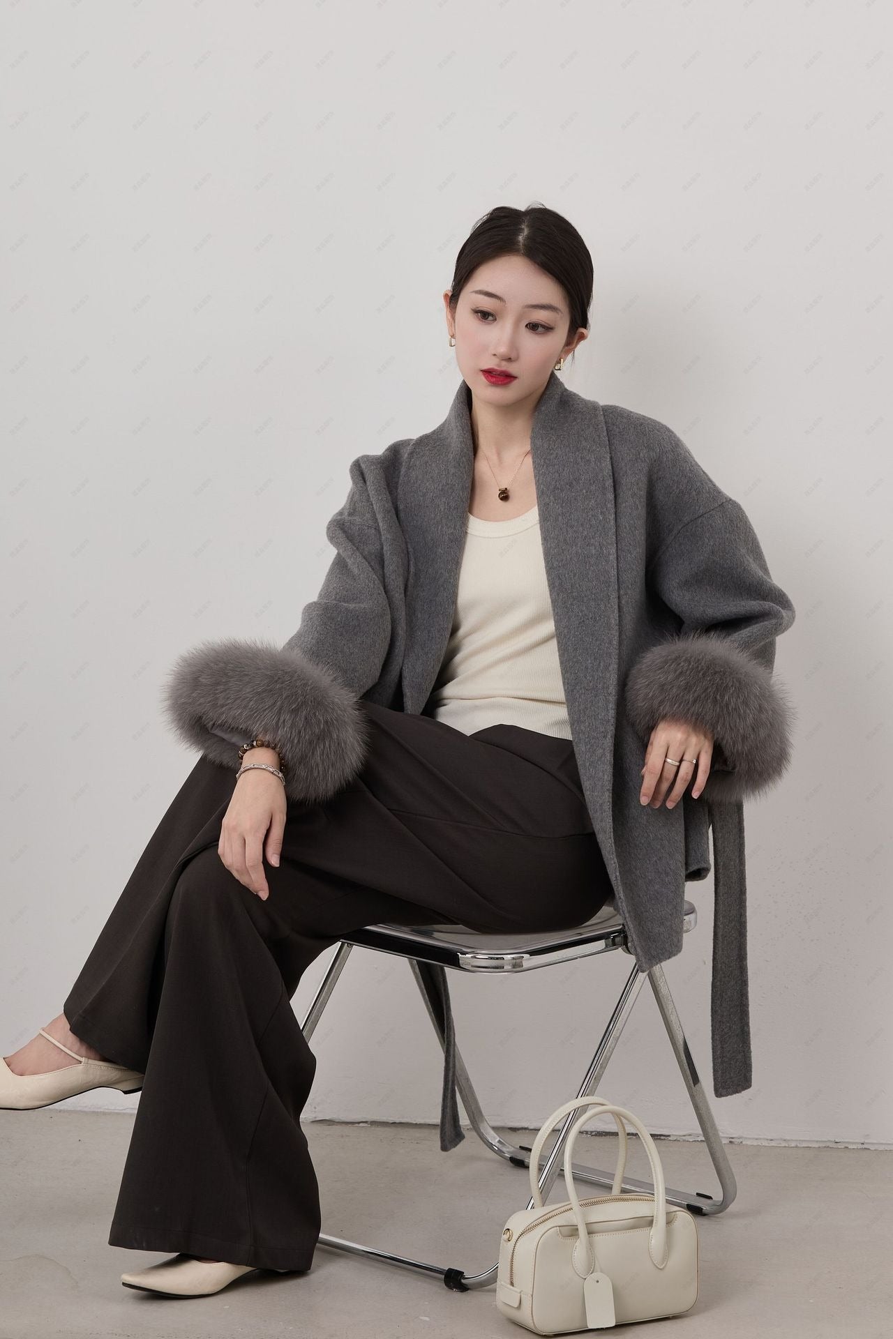 Enara Coat | Women’s Winter Belted Short Coat with Faux Fur Cuffs