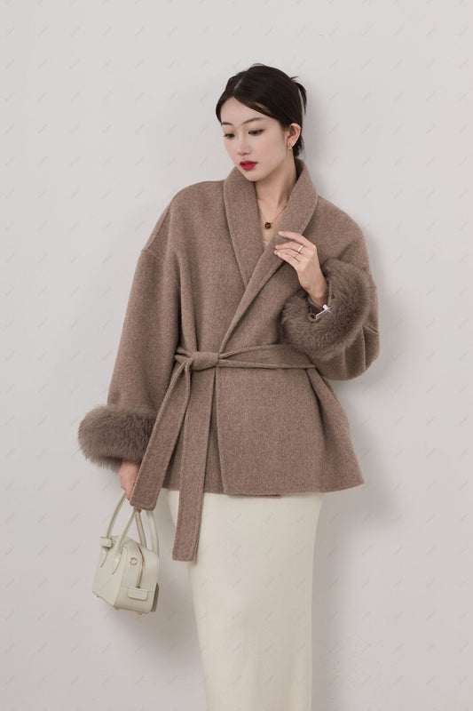 Enara Coat | Women’s Winter Belted Short Coat with Faux Fur Cuffs